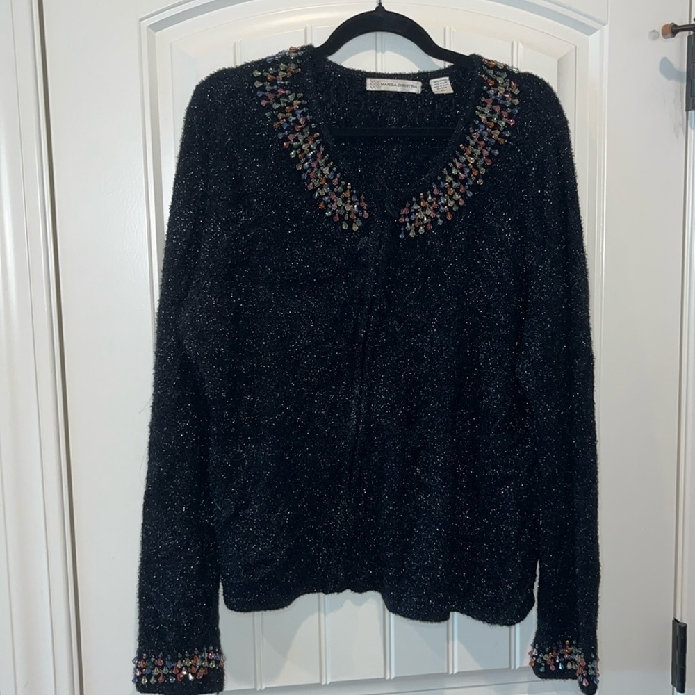 black metallic zip Marisa Christina sweater beautiful multicolor beads XL